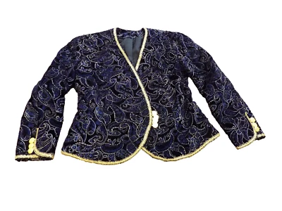 Blazer Chaqueta Brocado Negro Terciopelo De Colección Botones "trenzados" Borde Cinta Dorada Talla S Foto 1 de 4
