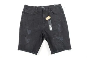 LAZER FADED BLACK 36 SLIM FIT RIPPED DENIM STRETCH JEANS SHORTS MENS NWT NEW - Picture 1 of 9
