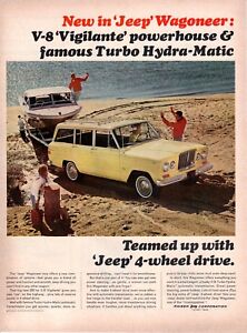 Vintage automobile Print car ad Jeep Wagoneer yellow boat beach family fun 1965 