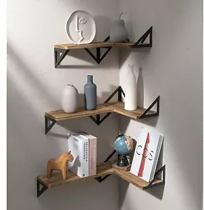 3x Corner Wall Shelves Industrial Wood Floating Shelf For Souvenirs Ornaments De - Picture 1 of 12