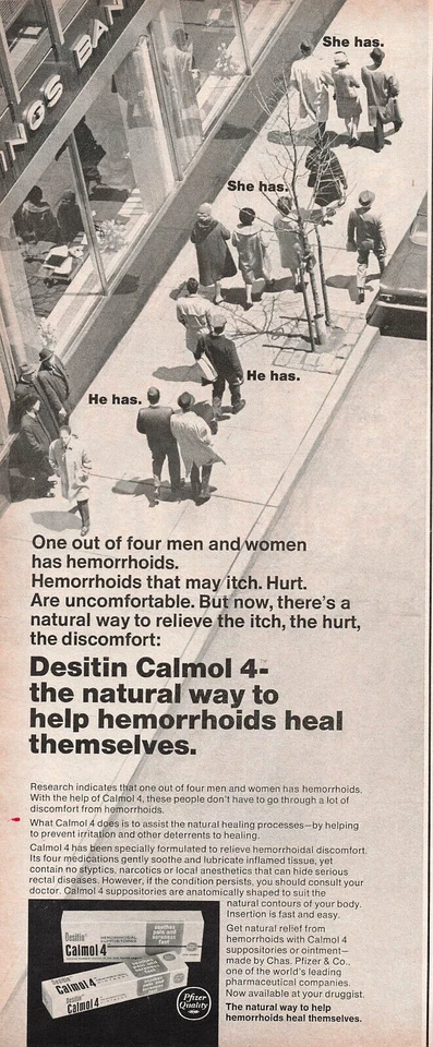 Desitin Calmol 4 Print Ad Vintage Medicine Advertising Hemorrhoid Med 1966 - Image 1 of 1