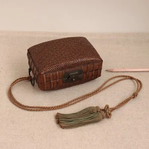 Antike japanische Bento Box aufklappbar geflochten Bambus Mittagessen Tee Caddy Korb Kordel Tasche - Bild 1 von 19