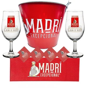 Madri Super Bundle 2 X Pints Glasses,5L Ice Bucket, Bar Runner + 4 Beer Mats New - Picture 1 of 8