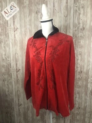 Alex Sweater Womens Large Fleece Red Beaded Sweatshirt Full Zip Pullover  N102 - Image 1 of 4