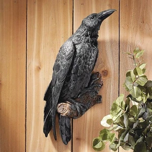 Raven Perch Wall Art Sculpture Statue ~ Realistic Life-Sized Black Crow Figurine - Picture 1 of 6