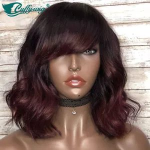 1B/99J Ombre Color Short Wave Bob Full Machine Made Human Hair Wigs With Bangs - Picture 1 of 12