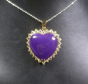 Genuine Purple Lavender Jade Love Heart Imitation Diamond Pendant Necklace