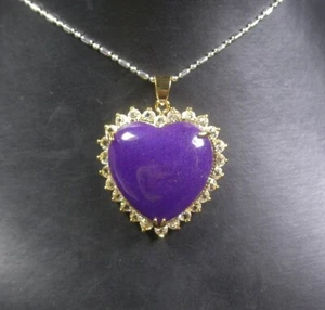 Genuine Purple Lavender Jade Love Heart Imitation Diamond Pendant Necklace - Picture 1 of 6