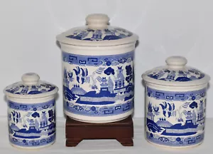 Vintage Blue Weilow Transferware 3-teiliges Kanister Set Blau Weiß Keramik Kanister - Bild 1 von 8