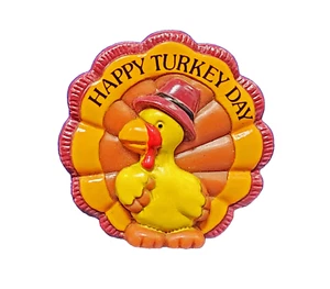 Russ PIN Thanksgiving Vintage TURKEY Pilgrim YELLOW HAPPY DAY 1980s Brooch *SKR - Picture 1 of 2