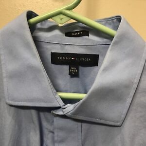 Tommy Hilfiger Blue Slim Fit Cotton Dress Shirt Long Sleeve Size 16 34/35 Large