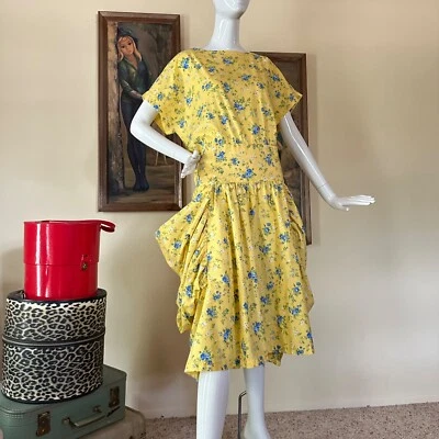 Vestido de Día Midi Floral Amarillo Mujer Años 80 Vintage Bolsillos Gigantes Locos M/L Foto 1 de 4