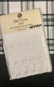 High end Luxury Lace Hem 2 Standard Pillowcases White 100% Cotton 500TC NIP RARE - Picture 1 of 3