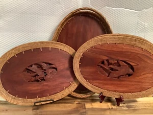 Handgeschnitzte Holz & Rattan Geflecht Tischsets - 4 Vögel Set / 4 Fische Set / Halter - Bild 1 von 35