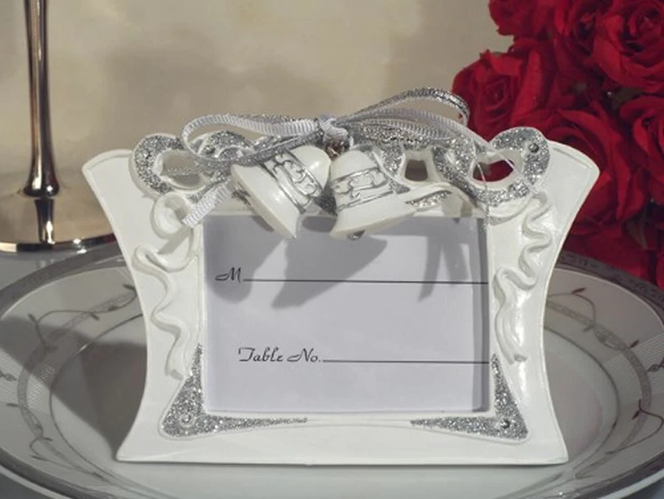40 Wedding Favors Classic Silver Glitter Bell Photo Frame Place Card Holder - Image 1 of 1