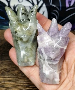 Pair Of Chunky 2.5in Dragon Head Carvings In Amethyst & Labradorite - Picture 1 of 9