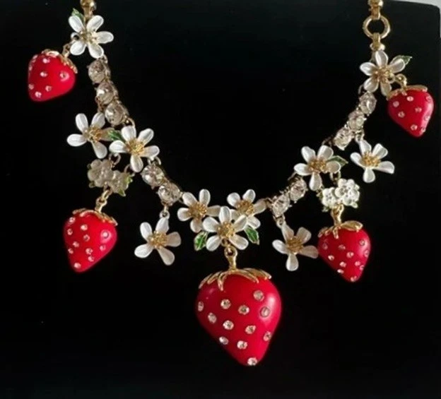 Betsey Johnson Strawberry Statement Necklace Earrings & Bracelet Js460