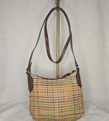 Bolso Bandolera Fossil Tejido Yute Bolso de Hombro Boho Colorido Usado en Excelente Condición Cuero Acento Foto 1 de 4