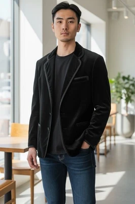 🖤 Chaqueta para fumar Casandra vintage de terciopelo negro hecha a mano de los años 50-60 dorada satinada Foto 1 de 4