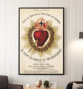 Jesus Sacred Heart Canvas/Poster Wall Art- Vintage Catholic Art Framed - Picture 1 of 19