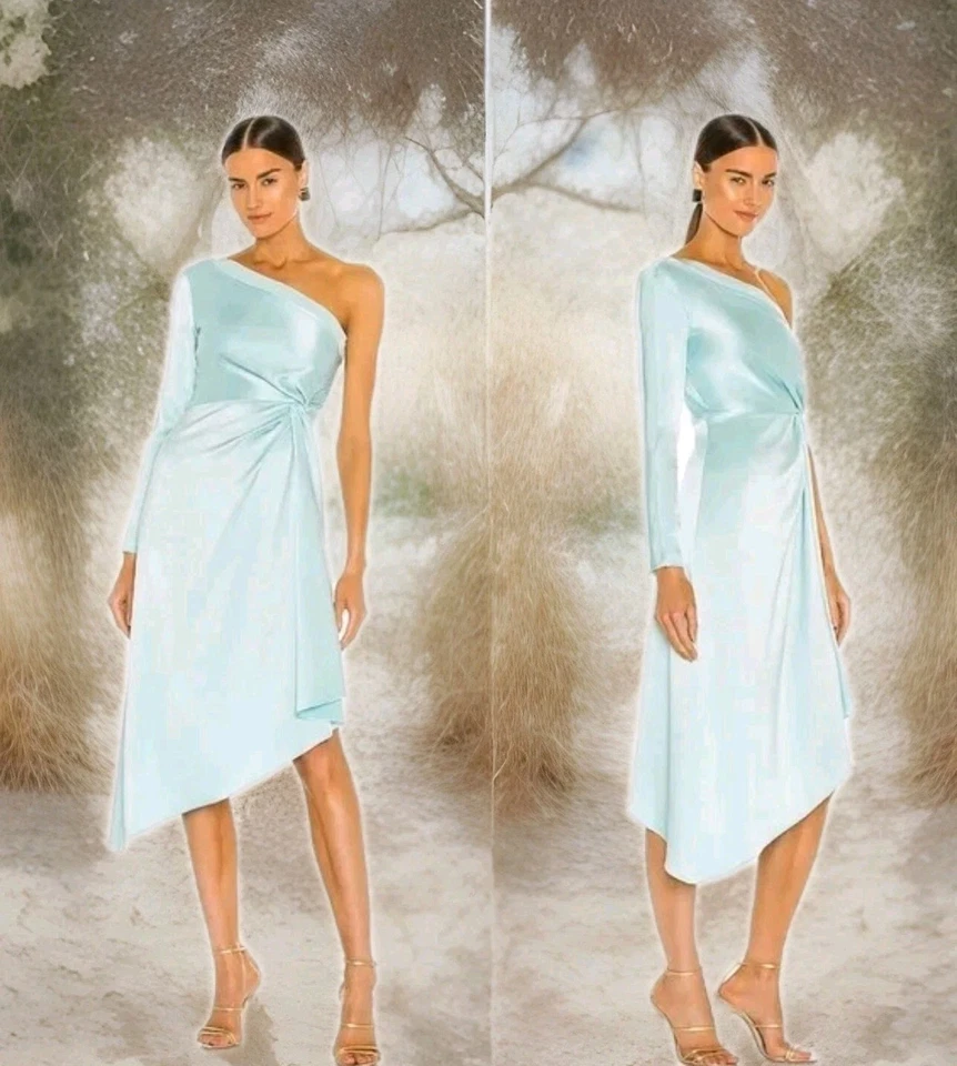 ALICE + OLIVIA Dora One Shoulder Asymmetrical Satin Midi Dress Blue Size 14 XL  - Image 1 of 4