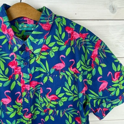 Joe Marlin Blue Hawaiian Shirt Pink Flamingo Button-up Short Sleeve Mens XXL - Image 1 of 4