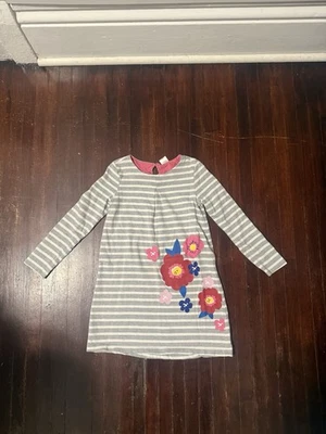Girls Gymboree Dress Sz Medium 7-8Y, Gray & White Striped Long sleeve w/Flowers - Image 1 of 4
