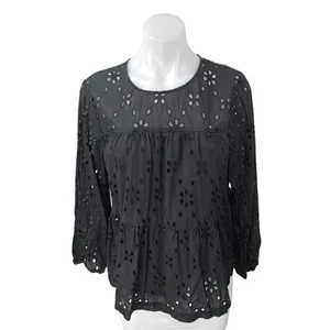 J.Crew Women's Black Embroidered Eyelet Tiered Boho 3/4 Sleeve Blouse Top Size M - Picture 1 of 4