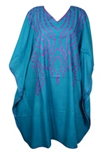 Women Caftan Dress Spring Boho Blue Floral Embroidery Midi Cotton Kaftan  L-4XL