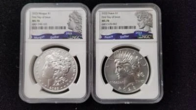 2023 US Two Coin Morgan and Peace Silver Dollar Set NGC MS70 First Day of Issue - Image 1 of 2