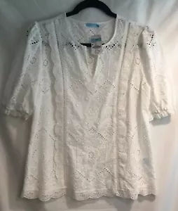 J Mclaughlin Women's White Eyelet Jonie Blouse Short Sleeve V Neck Size M - New! - Picture 1 of 10