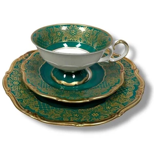 Vintage Weimar Porzellan Dora Green Cake Plate Tea Cup & Saucer Porcelain Gold - Picture 1 of 11