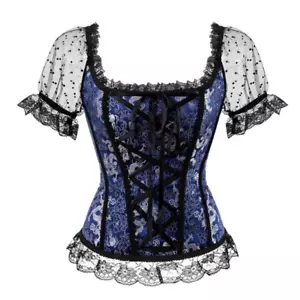 Ladies Gothic Blouse Overbust Top Bustier Lace Ruffle Short Puff Sleeve T-shirt - Picture 1 of 17