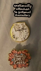 Lot Of 3 Enamel Novelty Lapel Pins Smut Lover Fictional Characters Books - Picture 1 of 6