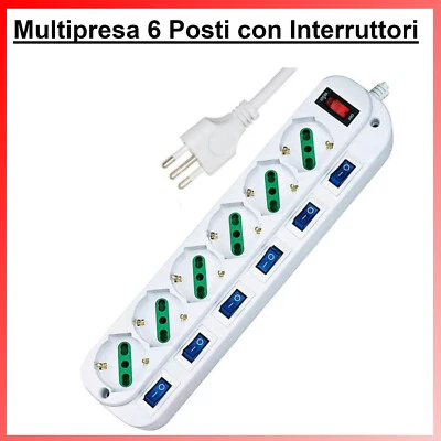 Ciabatta Multipresa Elettrica con Interruttori 6 Prese Posti Schuko Multipla - Immagine 1 di 4