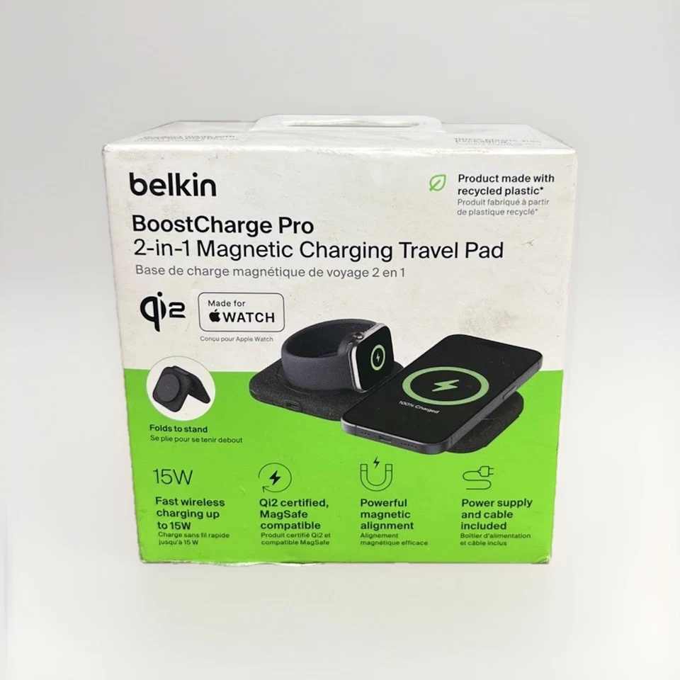 Belkin BoostCharge Pro 2in1 Magnetic Charging Travel Pad with Qi2 15W Brand New - Image 1 of 1
