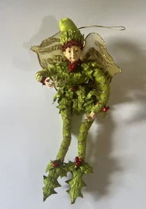 Elf Pixie Fairy Ornament 12” Shelf Sitter Jingle Bells Glitter Green Gold Whimsy - Picture 1 of 12