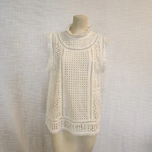 Top smanicato Sundance W-L bianco cotone occhiellato con colletto arricciato A264 nuovo con etichette - Foto 1 di 10