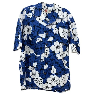 Hilo Hattie Sz Large Mens Button Front Blue Hibiscus Floral Hawaiian Camp Shirt - Image 1 of 4