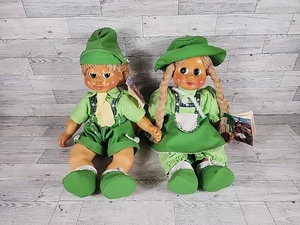 Vintage Pair of Naber Kids Wooden Dolls Green Outfits Peter & Milli Set 18" - Picture 1 of 14