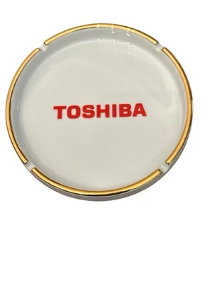 Rare Vintage Toshiba Advertising Large White Ashtray Logo Gold Rim Red Letters - Image 1 of 4