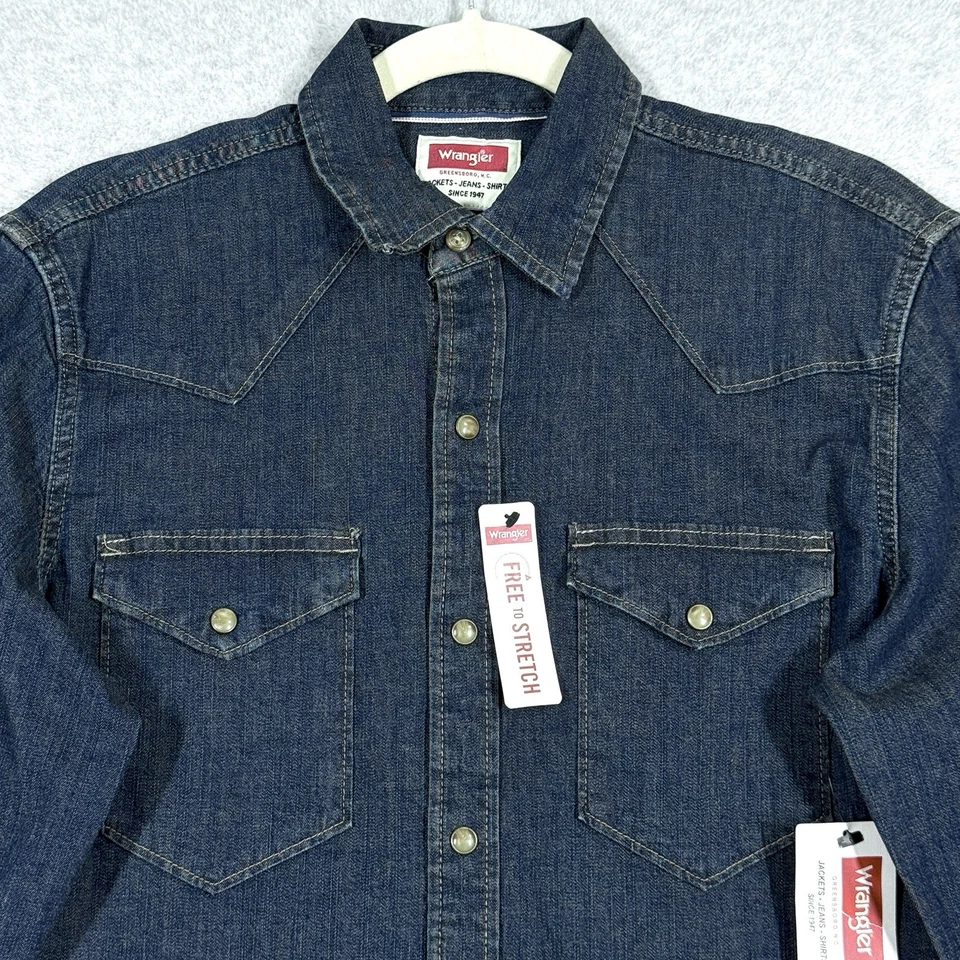 With Tags Wrangler Pearl Snap Blue Denim Long Sleeve Shirt XL JSD4AWB