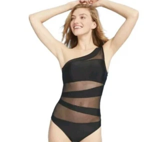 Shade & Shore Mesh Block One Shoulder One Piece Swimsuit Black Sz M Bathing Suit - Picture 1 of 3