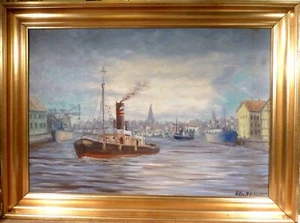 HILBERT PETERSEN! HARBOR SCENERY WITH SHIPS AND BOATS - Picture 1 of 5