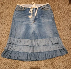 Vtg Womens Large Boho Hippie Denim Levis Up Cycled Skirt W/ Ruffle & Tie - Picture 1 of 20
