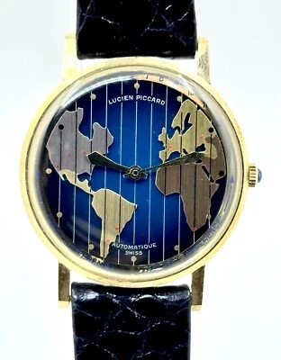 Lucien Piccard world-time automatic 14k gold watch circa 1960's box and papers - Image 1 of 4