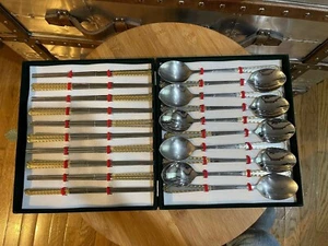 Traditional Korean Spoon Chopstick Serving for 10 18/10 Silver Bell STS - Picture 1 of 5