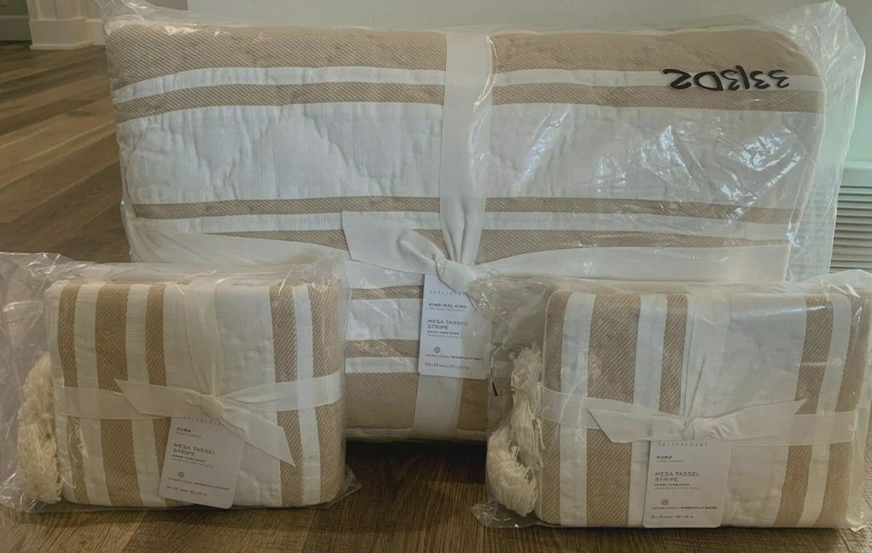 Pottery Barn Mesa Striped Handcrafted FULL QUEEN quilt 2 EURO shams FLAX - Image 1 of 1