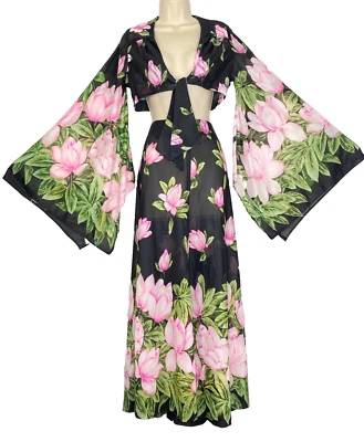 Saia maxi crop top vintage década de 1970 CLIMAX rosa preto floral manga sino - Imagem 1 de 4