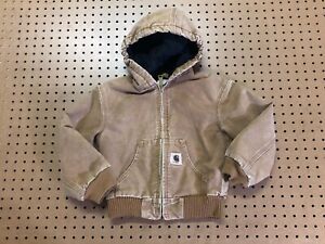 BOYS XS (4/5) - Carhartt YYJ130 Sandstone Flannel Quilted Lined Hooded Jacket